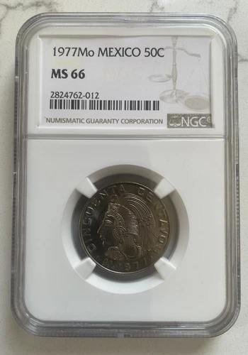1977 MEXICO 50 CENTAVOS CUAUHTEMOC NGC MS 66 KEY DATE  LOW MINTAGE