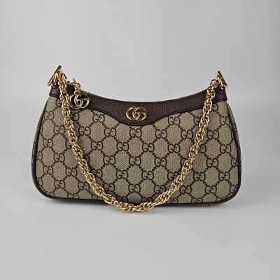 GUCCI Ophidia Small $1980 Beige And Ebony GG Canvas Shoulder