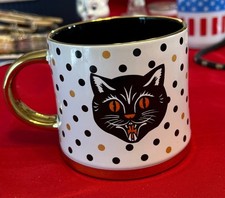Black Cat Ceramic Mug Gold Handle Polka Dot D...