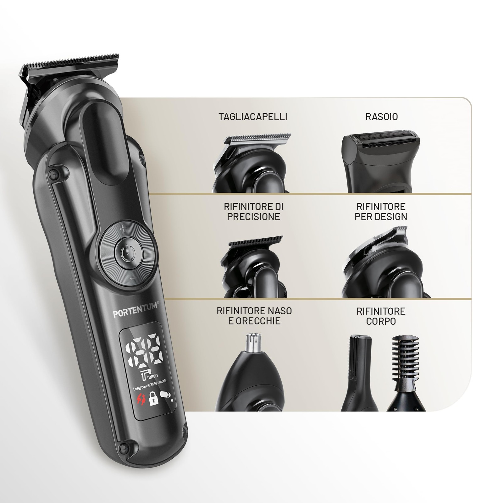 PORTENTUM Tagliacapelli Professionale LED 21 Pezzi - Kit Barba e Corpo - 4