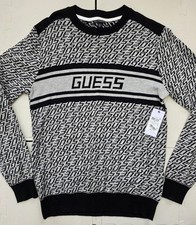  98 NWT GUESS Palmer Men's Logo Jacquard Knit Sweater Gray Black M Medium