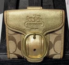 Coach Signature C Bleaker Metallic Gold Buckle Flap Small Mini Wallet Tattersall