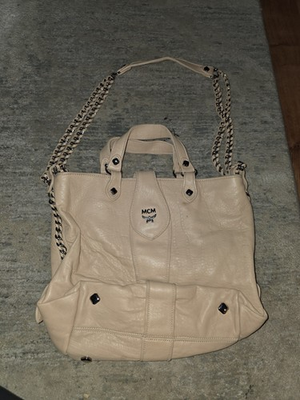 #ad MCM Beige Leather Studded Chain Strap Shoulder Bag Vintage $200.00