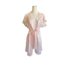 Indulgence Vintage Pink Satin Floral Jacquard Lace Trim Short Robe Medium USA