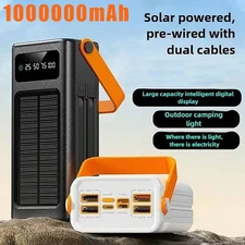 1000000mAh Solar Power Bank Fast Charging Built in  Cables External Battery Pack