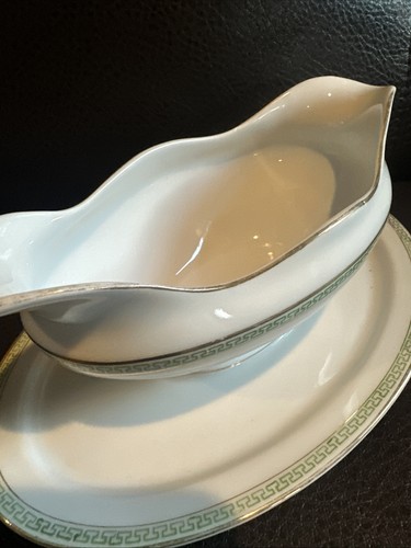 H & Co Heinrich Selb Bavaria Green Greek Key Gravy Boat Attached Underplate - Picture 8 of 13