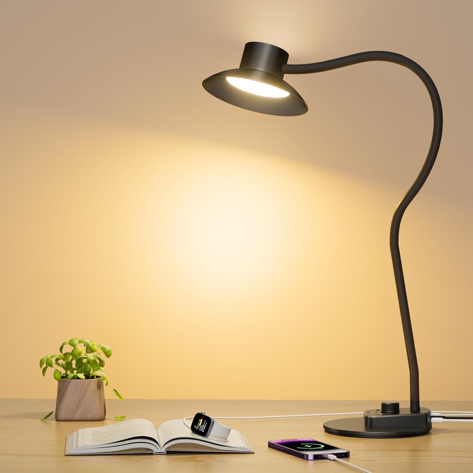 Desk Lamp,Eye-caring Dimmable Bedside lamp with Dual USB Charging Port, 5 Lig...