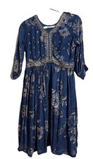 Blue Floral Chiffon Kurti Tunic Gold Sequin Embroidered Boho Midi Dress Sz 38 M