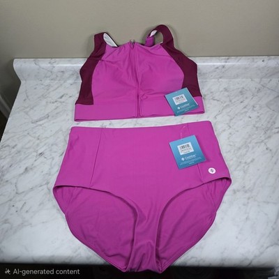 Coolibar Medley Zip Up Swim Bra Bikini Top Bottom Set XL/XXL UPF 50+ Pink New