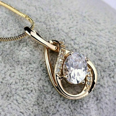 3CT Oval Lab Creat Diamond Tear Drop Pendant Necklace 14K Yellow Gold Finish