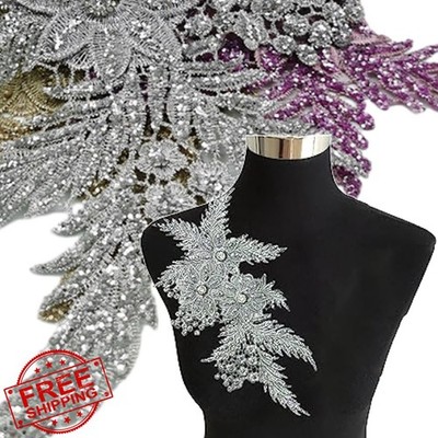 4pc Purple 3D Flower Rhinestone Sequin Patch Applique for Dresses Bags