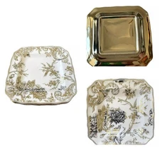 222 Fifth ADELAIDE GOLD 8 pc DINNER SALAD PLATES toile bird sq Electroplate NEW