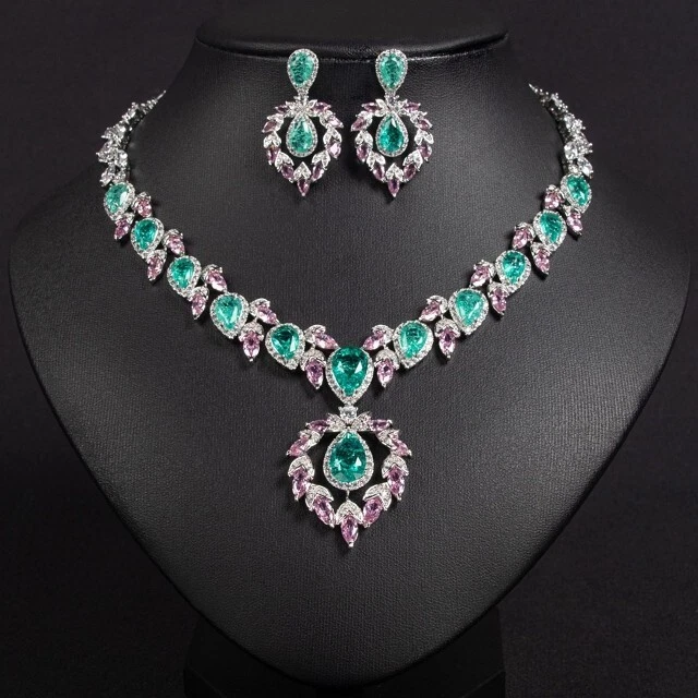 Luxury All Cubic Zirconia CZ Wedding Queen Prom Necklace Earrings Set 4 Colours - Image 2 of 3