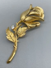 Amazing Etched Flower Single Rose Leaf Crystal Brushed Gold Tone Brooch Pin