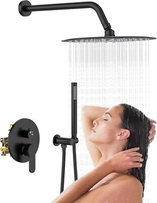 EMBATHER Black Shower Faucets Sets - Overhead Metal Rain Head Shower System with