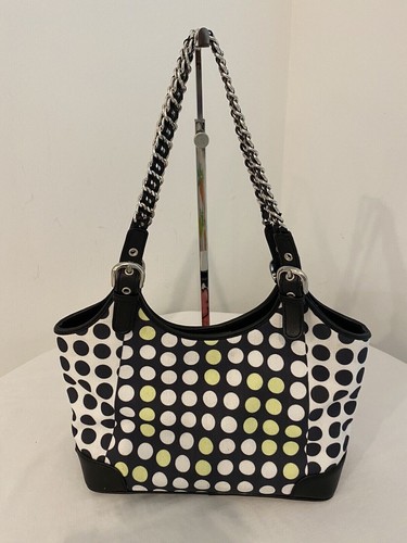 ISABELLA FIORE POLKA DOT CANVAS BLACK LEATHER TRIM BEADED FLOWERS CHAIN TOTE BAG - Picture 3 of 6