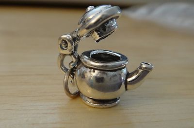 Sterling Silber 3D 13x17x9mm beweglich 4,4g Kaffeekanne Teekanne lockiger Griff Charm