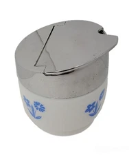 Vtg Gemco Milk Glass Sugar Jar Blue Corn Flower Dandelions Hinged Lid MCM 