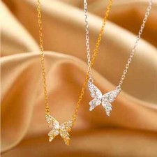 Sweet 925 Sterling Silver Butterfly Necklace Shiny Zircon Pendant Ladies Elegant