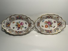 Exquisite Pair Of Schumann Bavaria Reticulated Gold Painted Oval Bowls Dresden