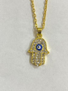 Authentic 14K Gold Plated Icy Hamsa Necklace Hand God Sky Evil Eye Charm Pendant/blue eye