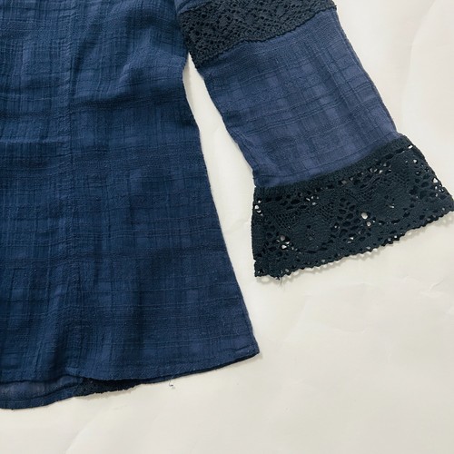 Vintage Free People Navy Blue Square neck Crochet Button Down bouse shirt boho - Picture 12 of 15