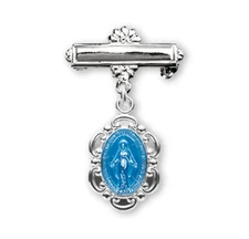 925 Sterling Silver Blue Enamel Fancy Edge Miraculous Medal Bar Pin, 1 In