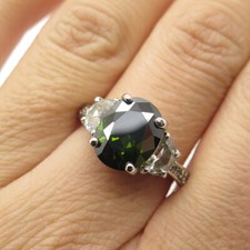 925 Sterling Silver Oval-Cut Dark Green White C Z Ring Size 7.25