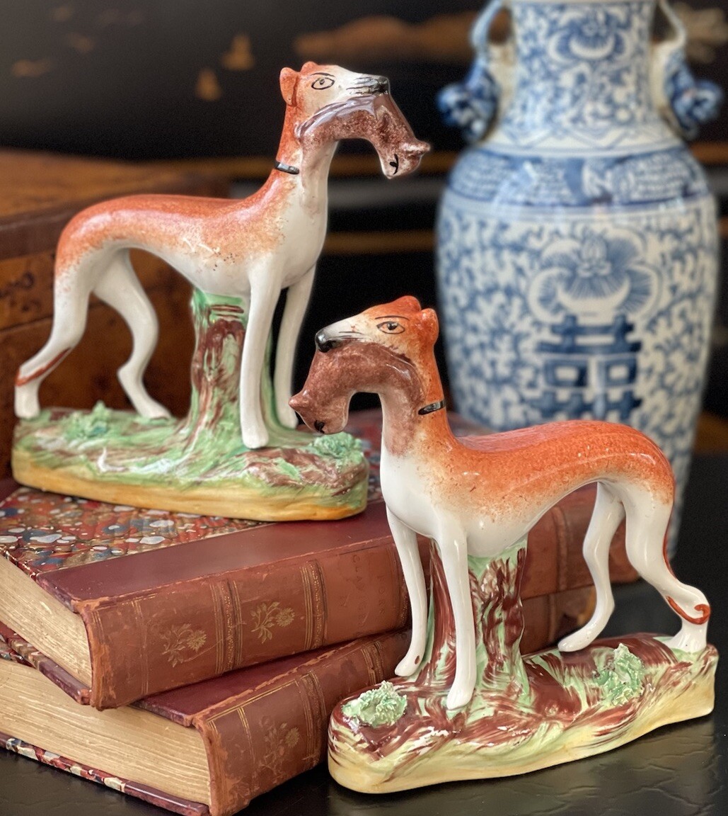 Rare Antique English Staffordshire Whippet Rabbit Hunt Mantle Dog Pair 5.75”