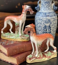Rare Antique English Staffordshire Whippet Rabbit Hunt Mantle Dog Pair 5.75