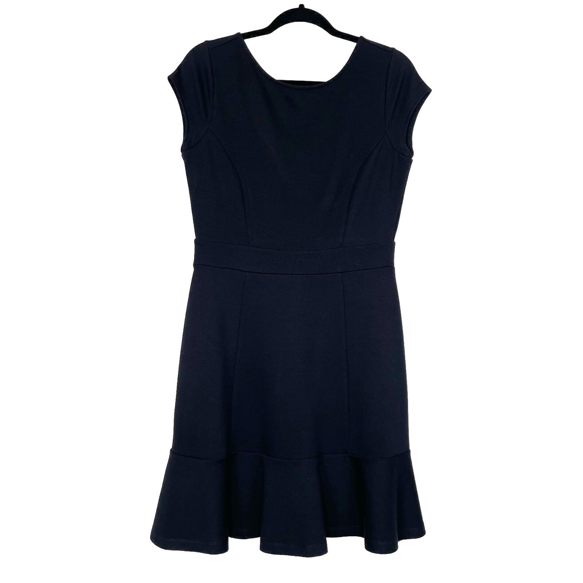 LOFT Ponte Dress Size 6 Black Stretch Knit Fit Flare Cap Sleeve Ruffle Hem  NWT