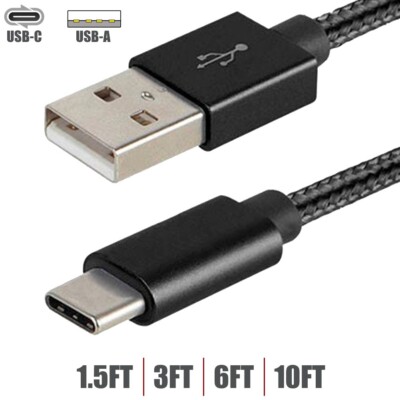 1.5 3 6 10FT USB-C 2.0 Type-C to USB-A Sync Data Fast Charge Cable Braided Black