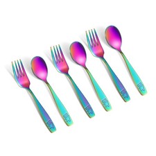 6pc Rainbow Toddler Utensils Set Stainless Steel Kids Forks Spoons Silverware