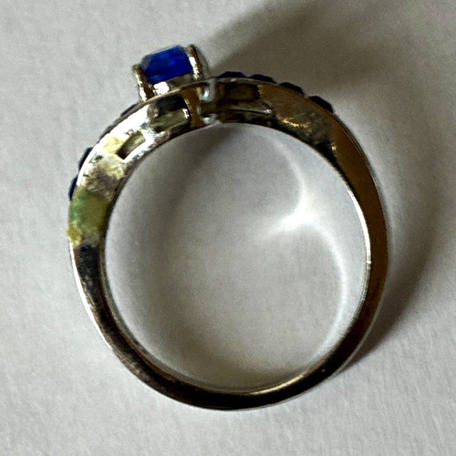 Silver Tone Band Ring Size 9 with Blue Main Stone Color, Classic Band Style