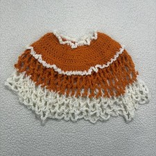 Vintage Handmade Girls Poncho Crochet Open Knit Kids Orange White Boho 70s 80s
