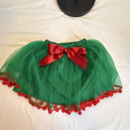 Girls Green Tulle Tutu Skirt Red Satin Bow Pom Pom Trim Elastic Waist. Toddler