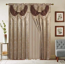 Classical Jacquard Window Drape Set, 2 Panels with Attached Valance + Sheer B...