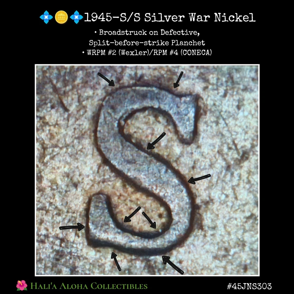 💠🪙💠1945-S/S RPM Silver War Nickel BROADSTRUCK on SPLIT PLANCHET BEFORE STRIKE - Image 2 of 4