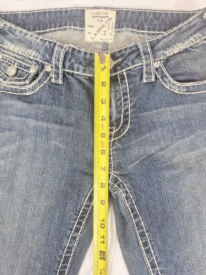 L.A. Idol USA Women’s Jeans Sz 7 Bootcut Flare Rhinestone Pockets Distressed... - Image 2 of 4