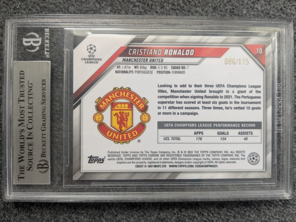 2021-22 TOPPS CHROME UEFA CRISTIANO RONALDO PINK REFRACTOR#10#D086/175 BGS 9 - Image 2 of 2