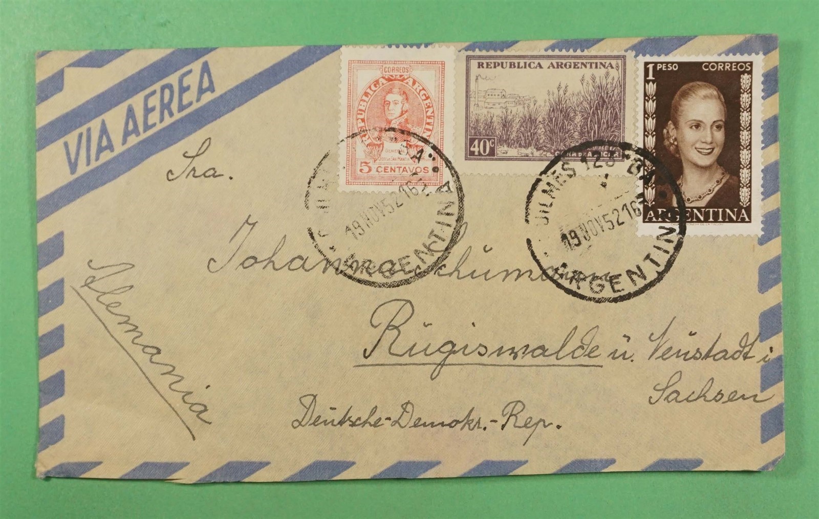 DR WHO 1952 ARGENTINA 1P EVA PERON QUILMES AIRMAIL TO GERMANY R40305