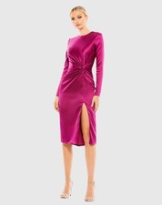 Mac Duggal 26675 Magenta Side Twist Long Sleeve Satin Midi Dress Size 8