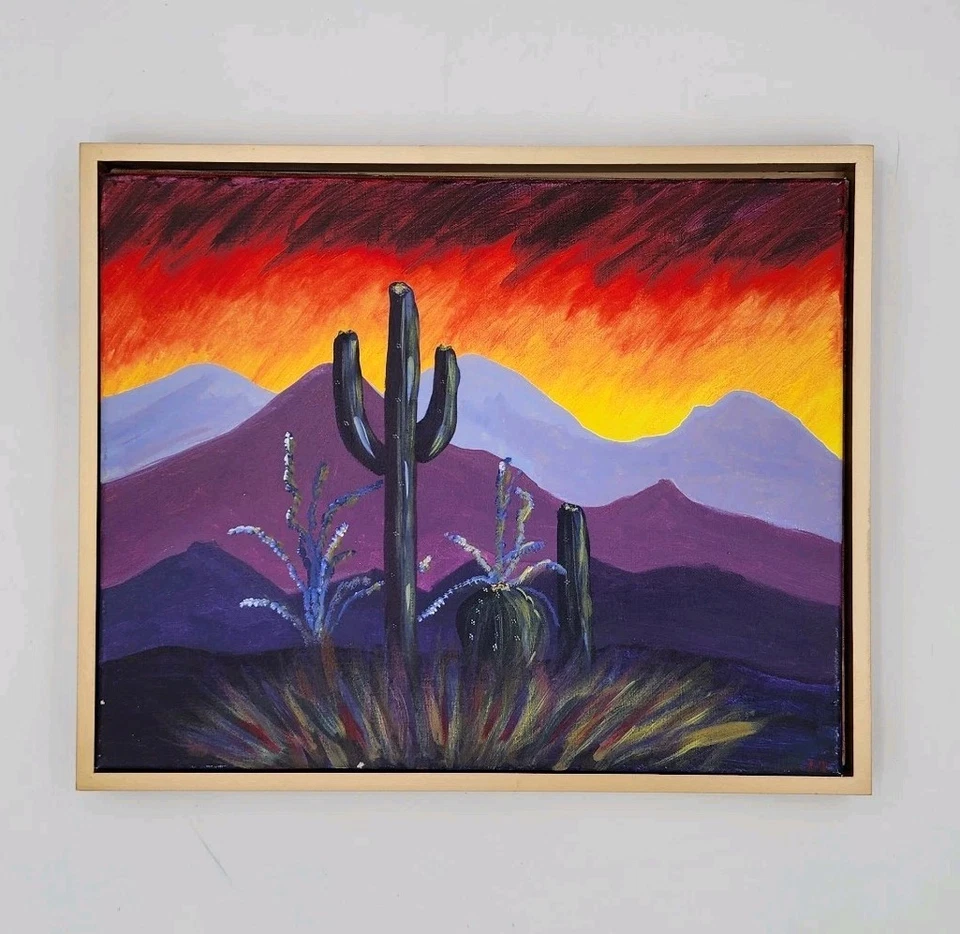 Original Southwest Desert Landscape Painting Saguaro Cactus Art Sunset Framed - Image 3 of 4