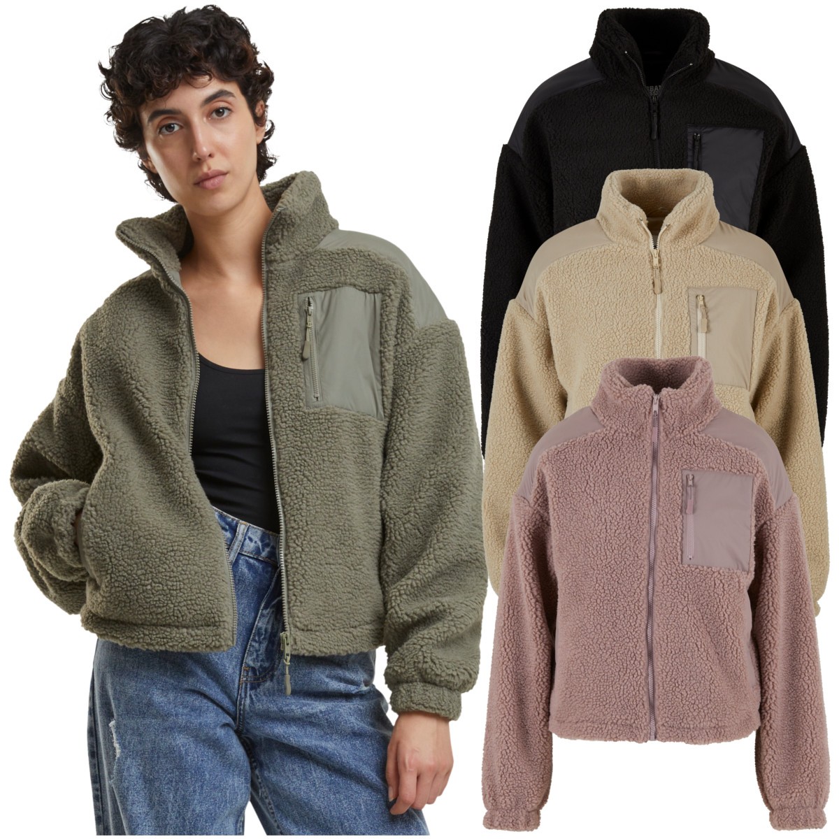 Urban Classics Mujeres Sherpa Mix Chaqueta de Invierno Bolsos Cremallera