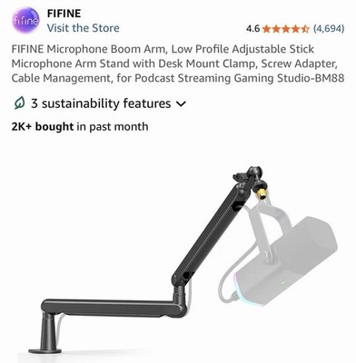 FIFINE Microphone Boom Arm, Low Profile Adjustable Stick Microphone Arm Stand