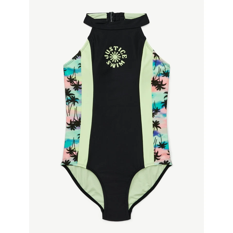 JUSTICE Girls Tropical Swimsuit 1 Pc Halter Black Green Many sizes NEW - Image 1 of 4