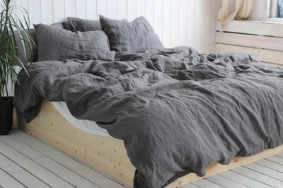 Dark Grey Linen Bedding Set, Washed Linen Comforter Cover With Button Closure
