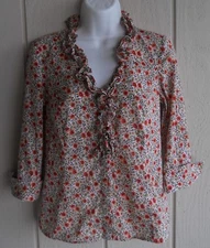 Womens XS Ann Taylor Loft Ruffled V-Neck Button Front 3/4 Sleeve Shirt Bust 33"