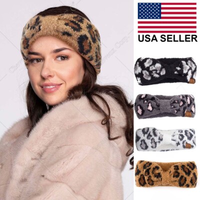 C.C Women Warm Leopard Jacquard Animal Cheetah Soft Winter Cable Knit Headband