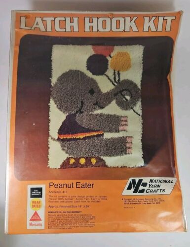 Vintage National Yarn Crafts "Peanut Eater" Latch Hook Kit 18"×24" Elephant #412